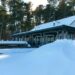 Camp O-AT-KA Great Hall at boy's summer camp on Sebago Lake in Maine during winter